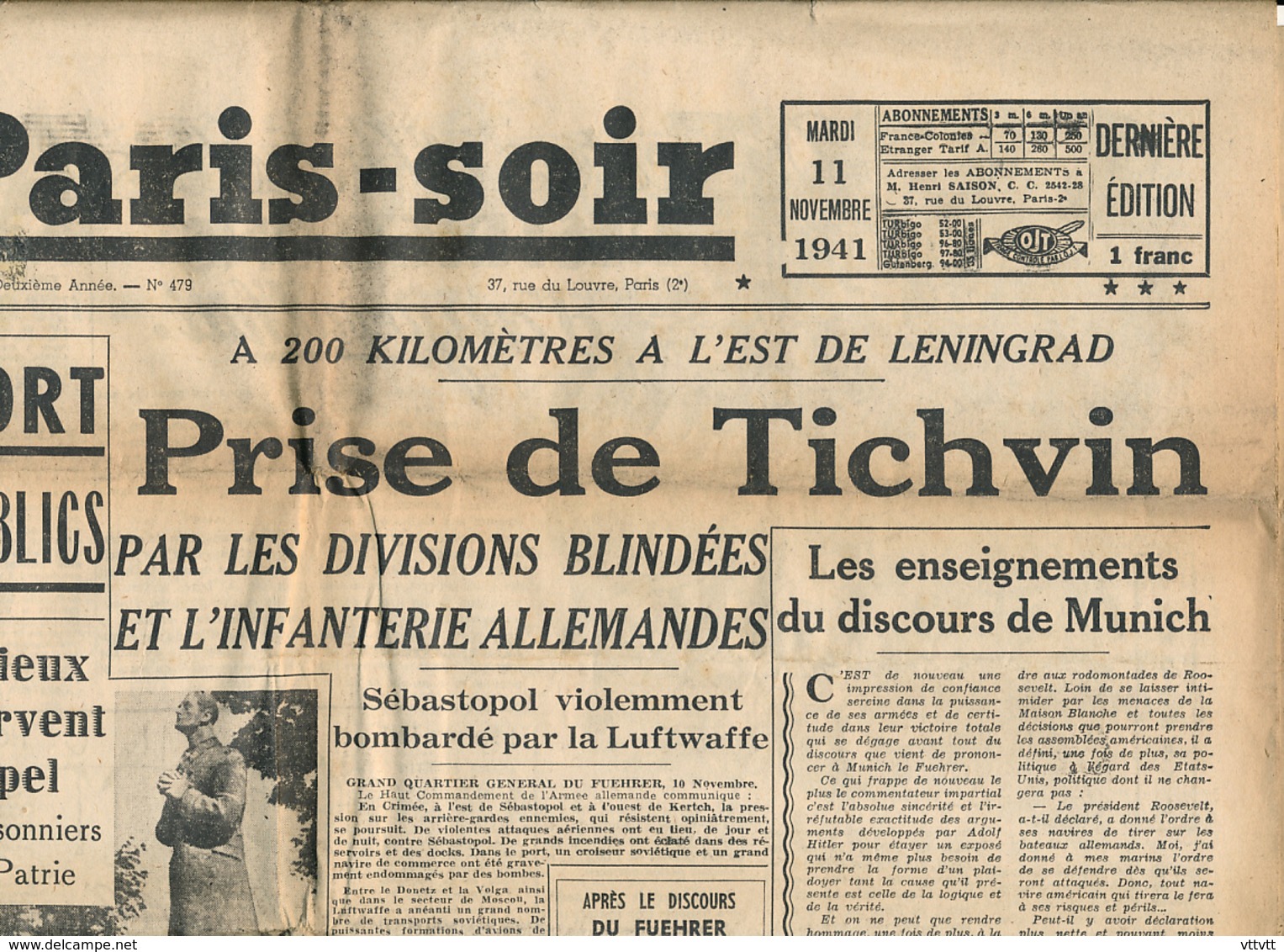 PARIS-SOIR, N° 479, Mardi 11 Novembre 1941, Peine De Mort, Prise De Tichvin, Marais Poitevin, Coulon, Sébastopol... - Autres & Non Classés