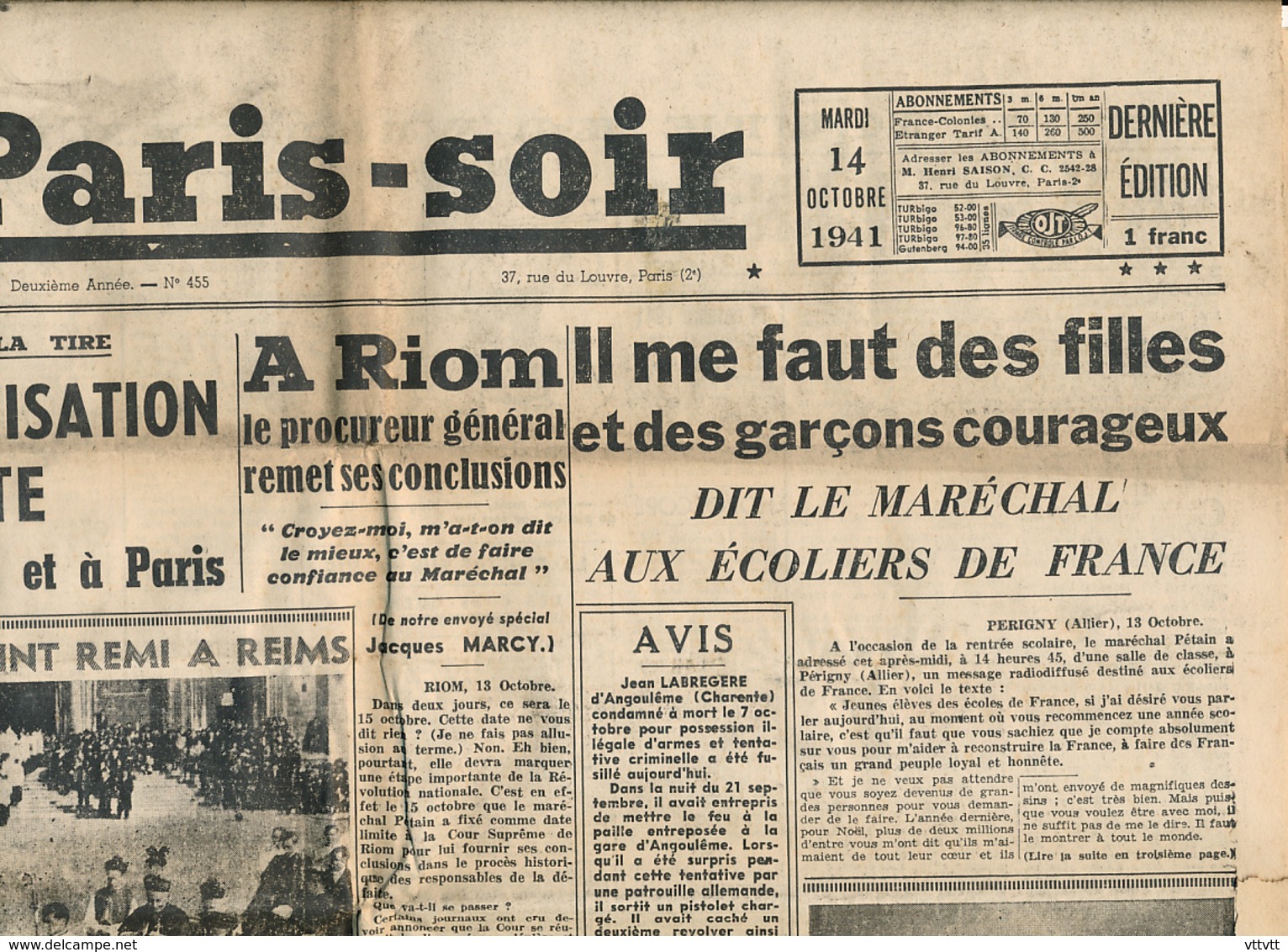 PARIS-SOIR, N° 455, Mardi 14 Octobre 1941, Pétain Reims, Chaville, Riom, Vélodrome D'Hiver, Acordéon, Andorre, Angoulême - Autres & Non Classés