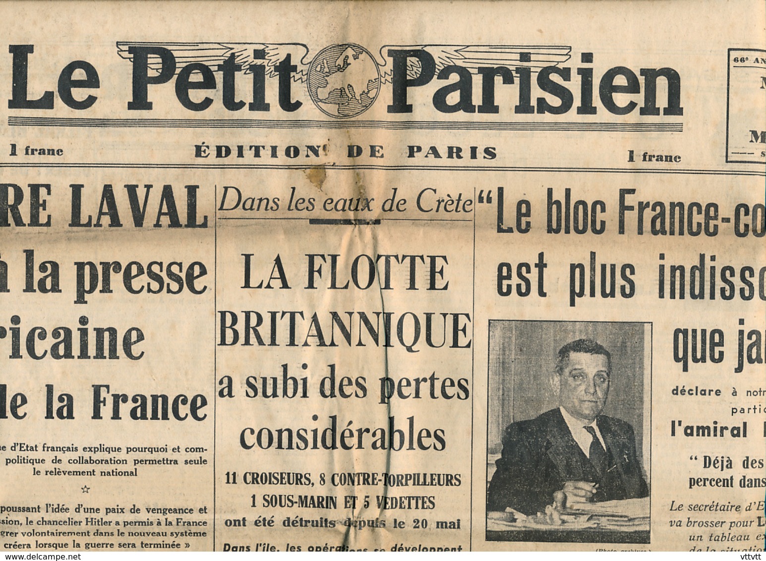 LE PETIT PARISIEN, N° 23 446, Mardi 27 Mai 1941, Pierre Laval, Amiral Platon, Perte Britannique En Crète, Tobrouk... - Le Petit Parisien