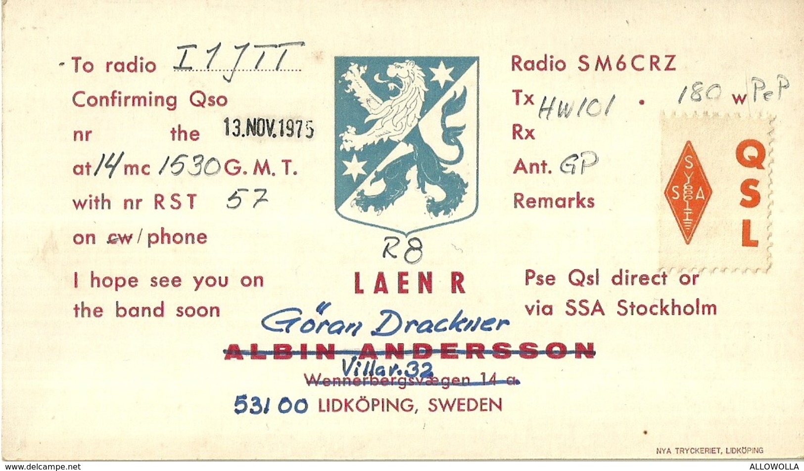 2507 " FROM SM6CRZ-SWEDEN TO RADIO I1JTT - 1975" CART.ORIG.SPED. - Radio Amatoriale