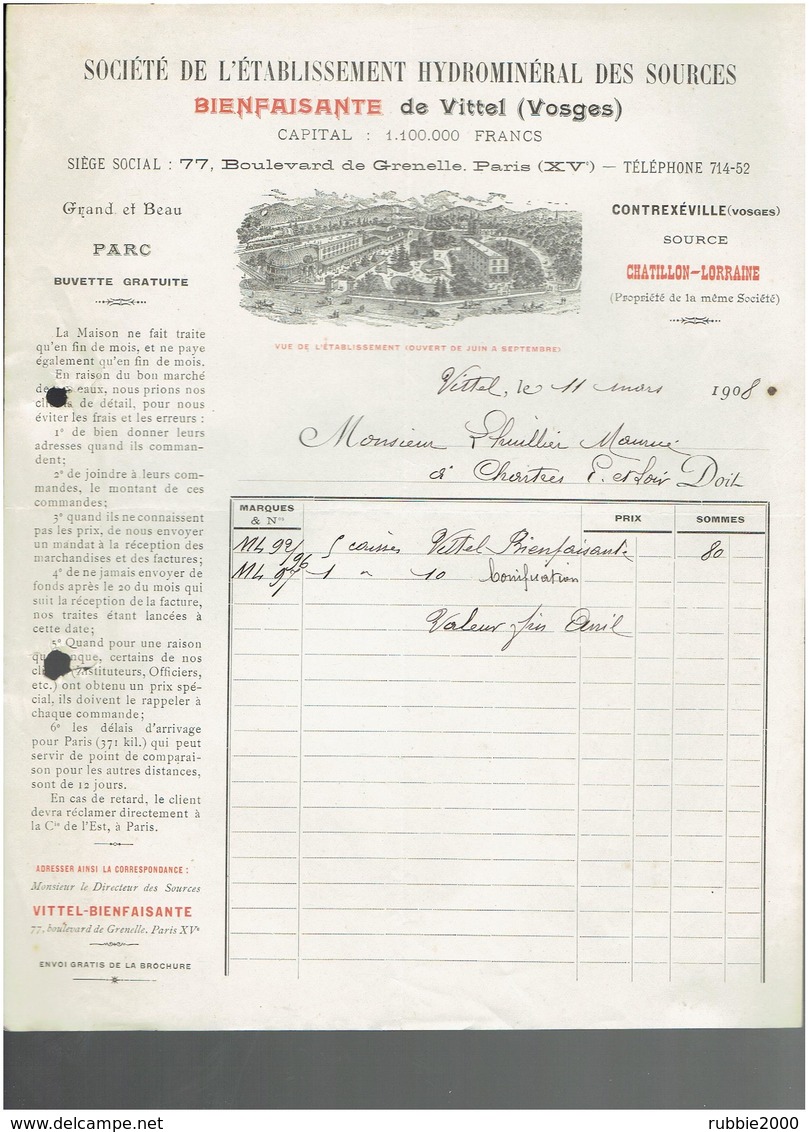 FACTURE 1908 ETABLISSEMENT HYDROMINERAL DES SOURCES DE VITTEL VOSGES CONTREXEVILLE SOURCE CHATILLON LORRAINE - 1900 – 1949