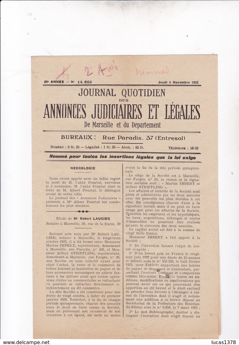 MARSEILLE / JOURNAL QUOTIDIEN DES ANNONCES JUDICIAIRES ET LEGALES / 5/11/25 - Autres & Non Classés