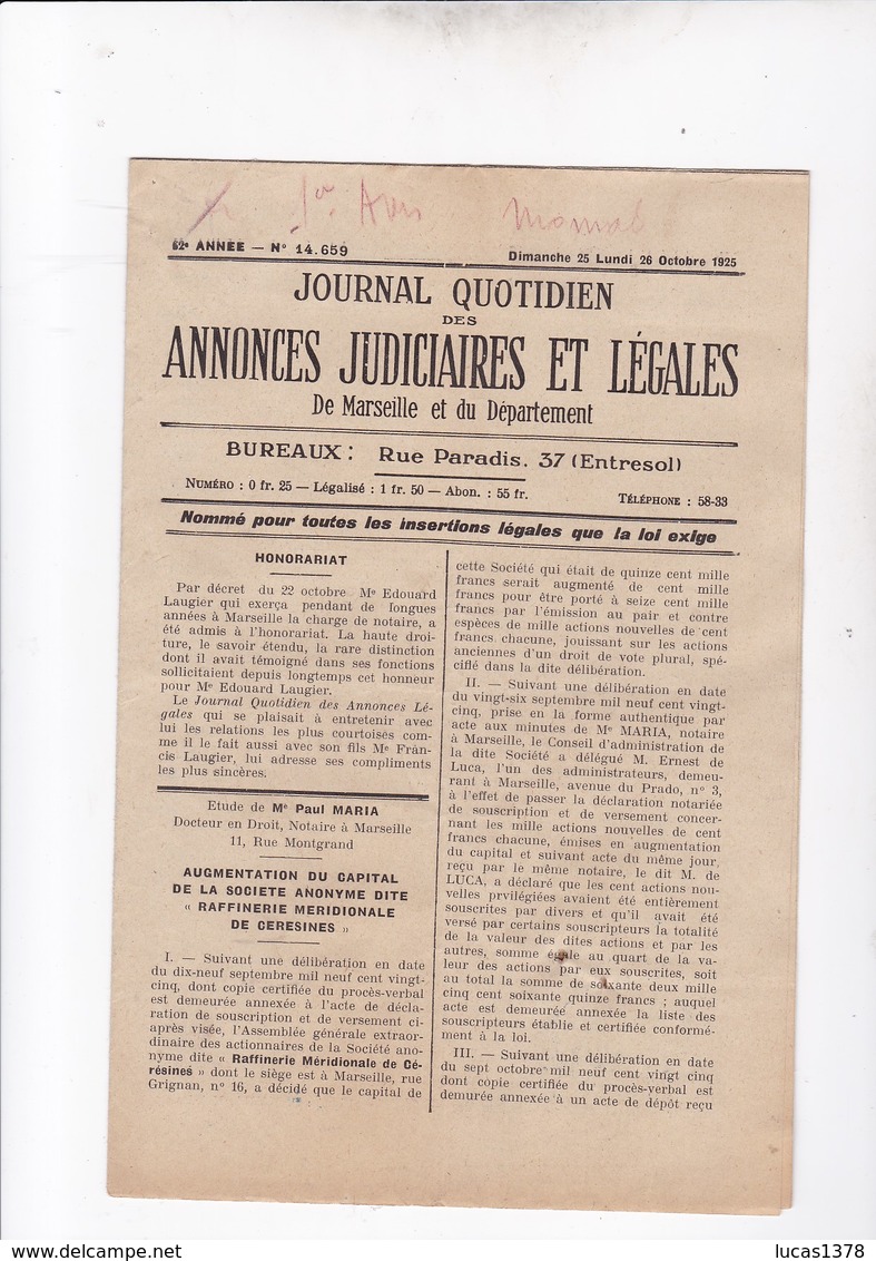 MARSEILLE / JOURNAL QUOTIDIEN DES ANNONCES JUDICIAIRES ET LEGALES / 25.26 OCT 1925 - Autres & Non Classés