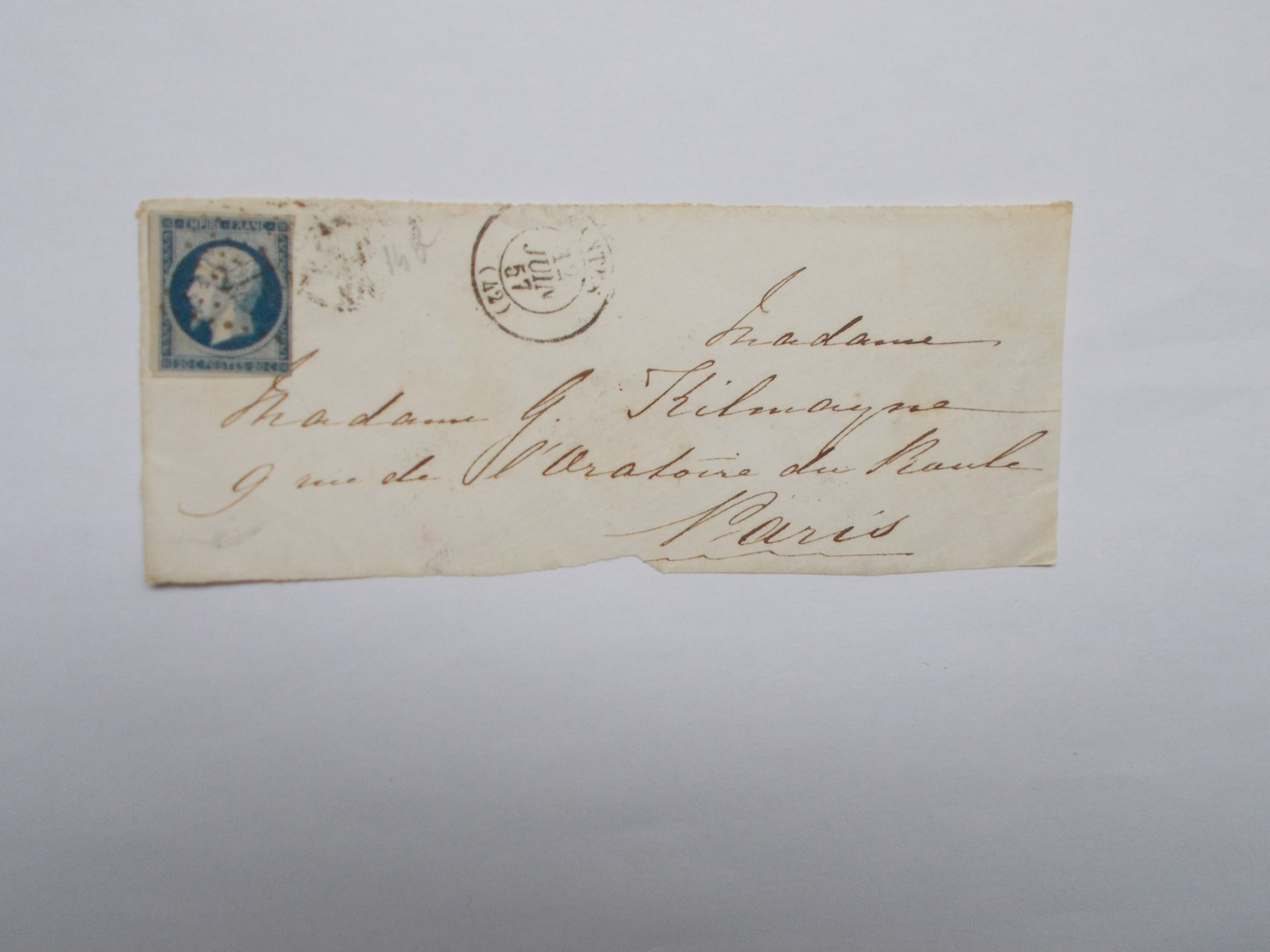 TIMBRE SUR FACADE DE LETTRE 20 C BLEU - 1853-1860 Napoléon III