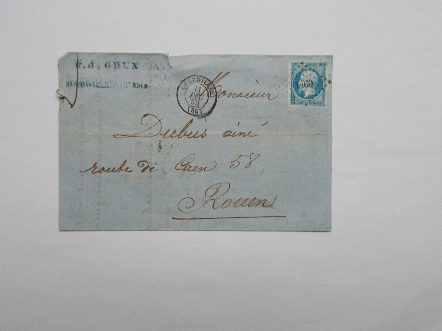 TIMBRE SUR LETTRE 20 C BLEU - 1853-1860 Napoléon III