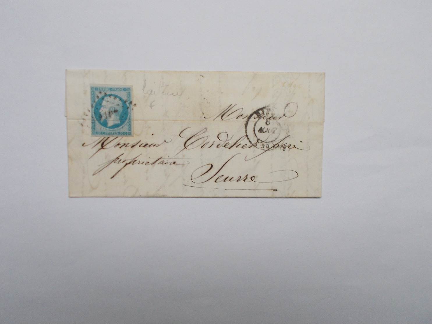 TIMBRE SUR LETTRE 20 C BLEU - 1853-1860 Napoléon III