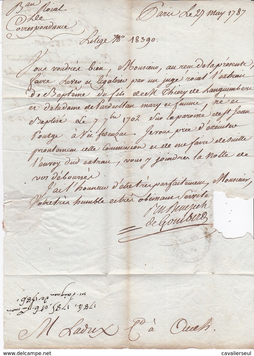 LAC De PARIS 27 MAI 1787 - Cachet: CORRESPONDANCE GENERALE BUREAU ROYAL / PORT FRANC - Texte - 1701-1800: Précurseurs XVIII