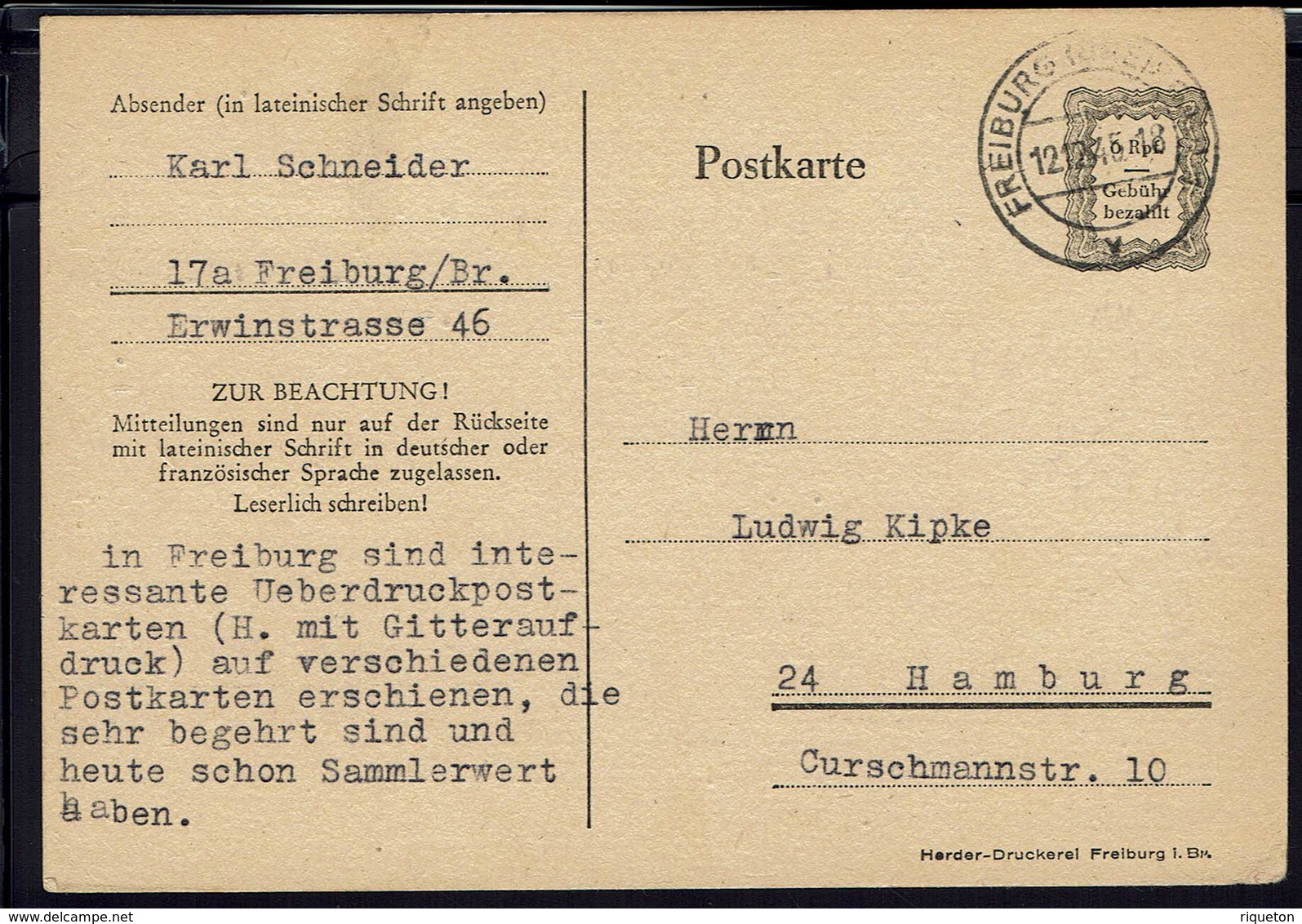 ALLEMAGNE - Carte Entier Postal 6 R.pf Gebuhr Bezalht De Freiburg Vers Hambourg - B/TB - - Altri & Non Classificati