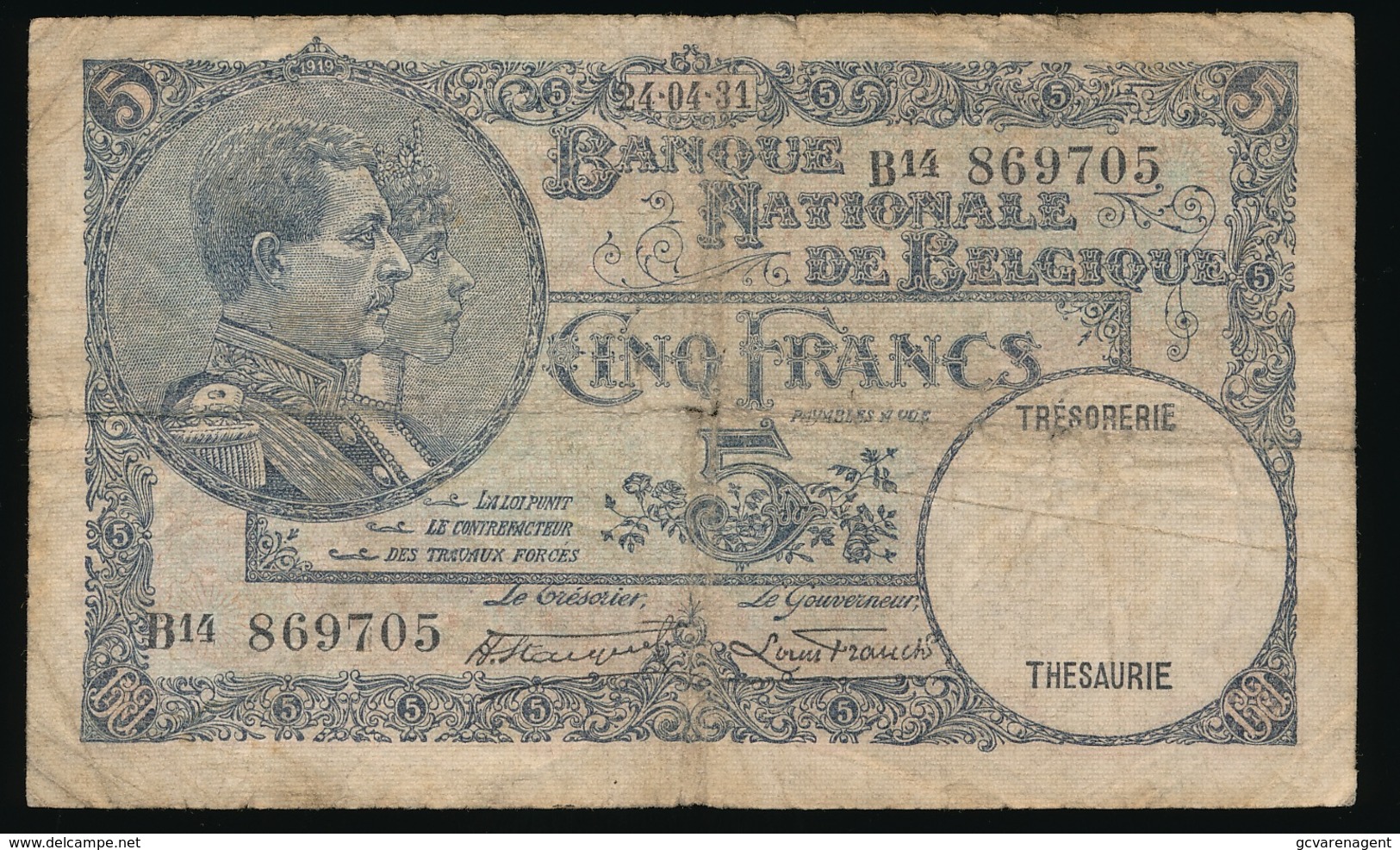 VIJF FRANK  24.04.31  2 SCANS - 5 Francs