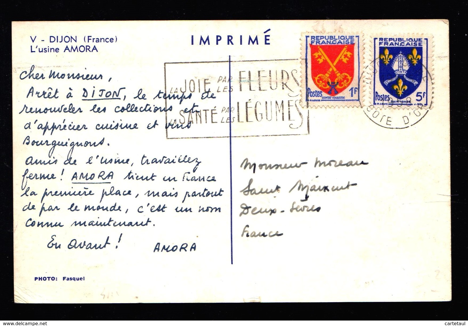 Idem IONYL Périple AMORA Moins Courant Carte Publicité Arrêt à DIJON Vue De L'Usine Imprimé 6F Blason DIJON GARE 10-5-58 - Food