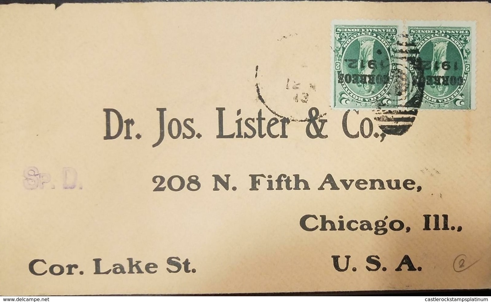 O) 1913 CIRCA-BOLIVIA, JUSTICE SCT 98 2c  OVERPRINTED BLACK OVERPRINTED CORREOS 1912 -SP.D - DR JOS LISTER AND CO TO USA - Bolivia