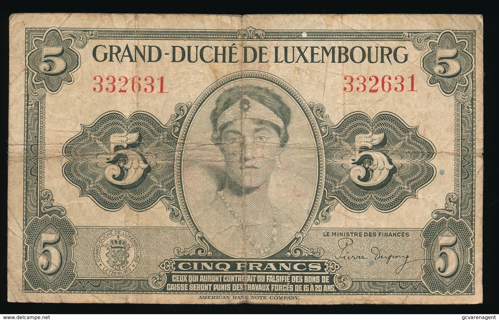 GRAND DUCHE DE LUXEMBOURG  CINQ FRANCS    2 SCANS - Luxembourg