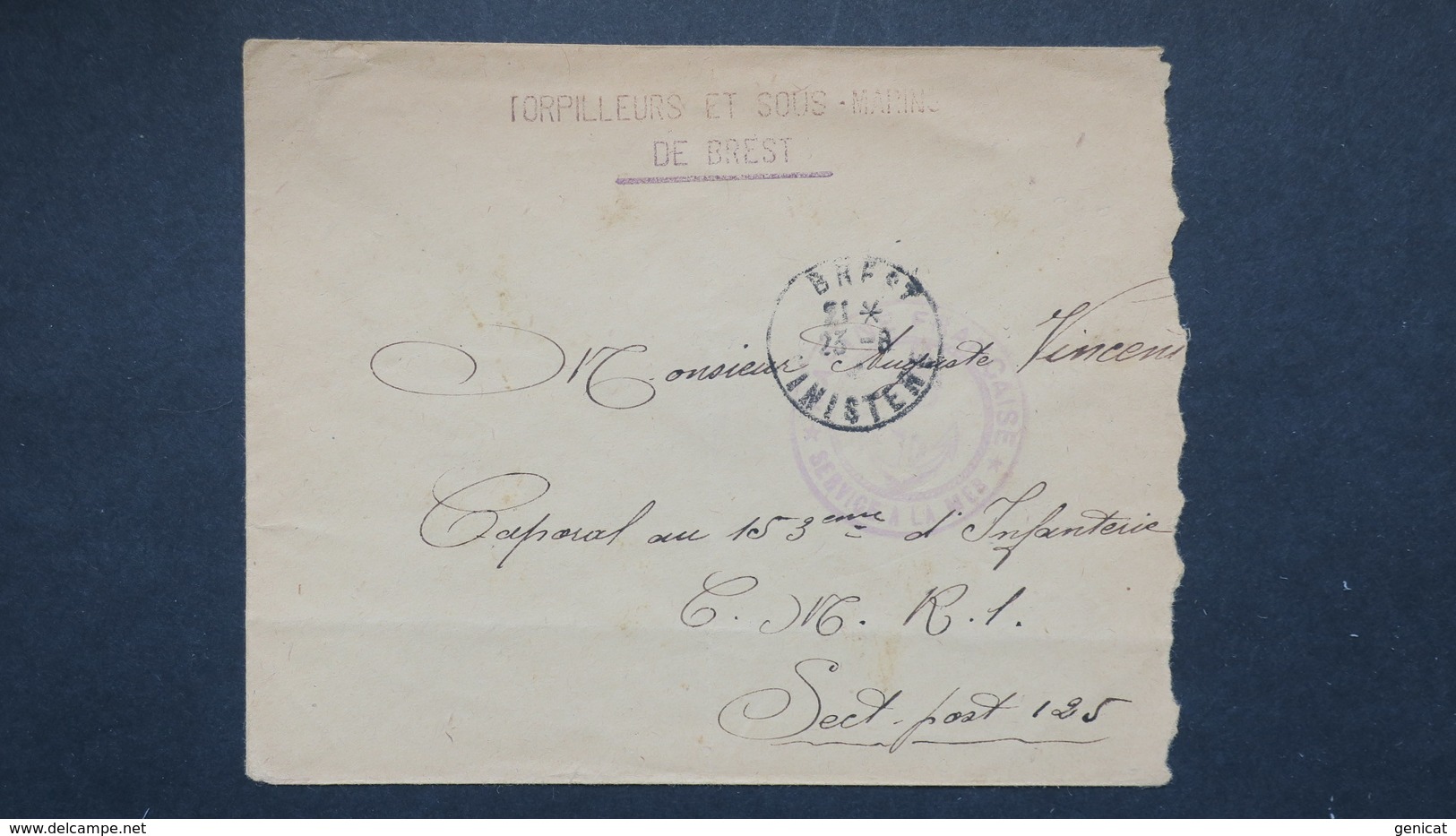 Lettre Avec Griffe Linéaire Torpilleurs Et Sous Marins De Brest Sur Lettre  Pour Le SP 125 - Naval Post