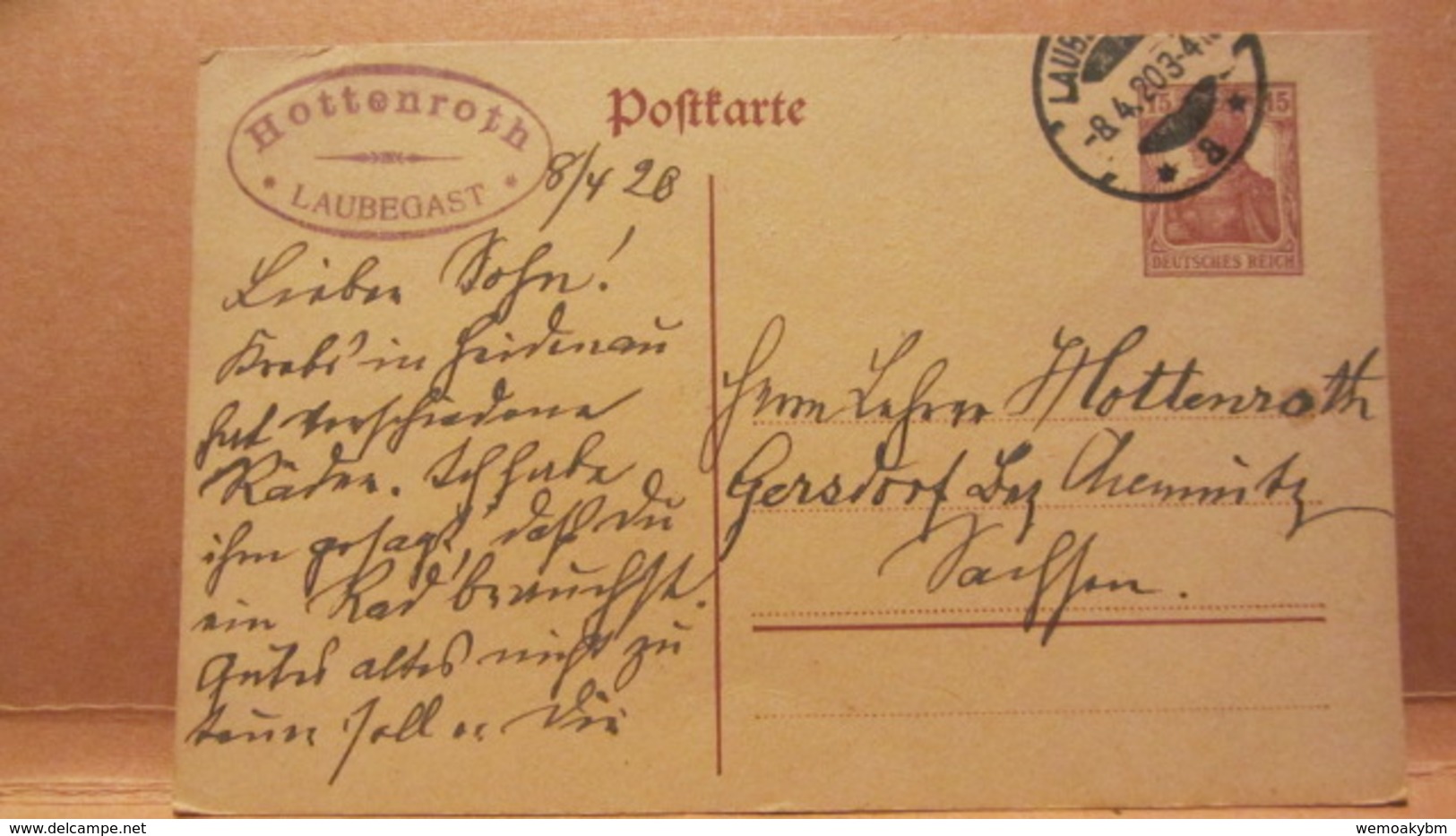 DR: GA Postkarte Mit 15 Pf Germania Von LAUBEGAST Nach Gersdorf (Bez. Chemnitz) Vom 8.4.20 Knr:  P 116 I - Sonstige & Ohne Zuordnung