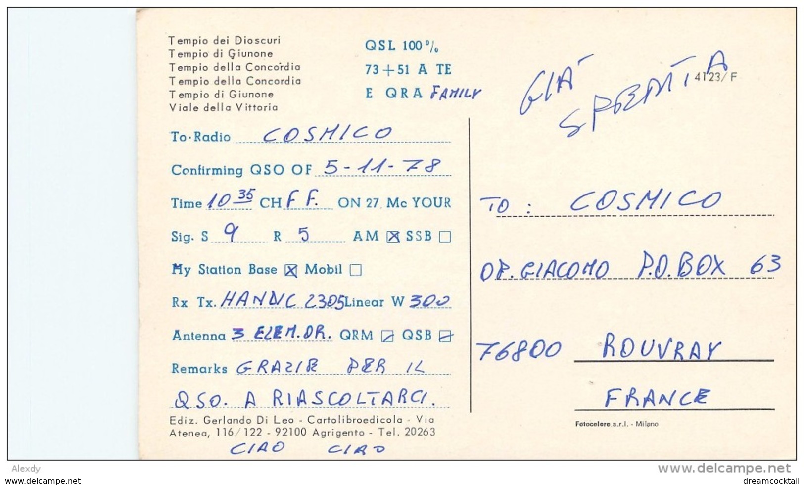 Photo Cpsm Cpm Italie Italia. Agrigento Carte Radio Amateur 1978 - Autres & Non Classés