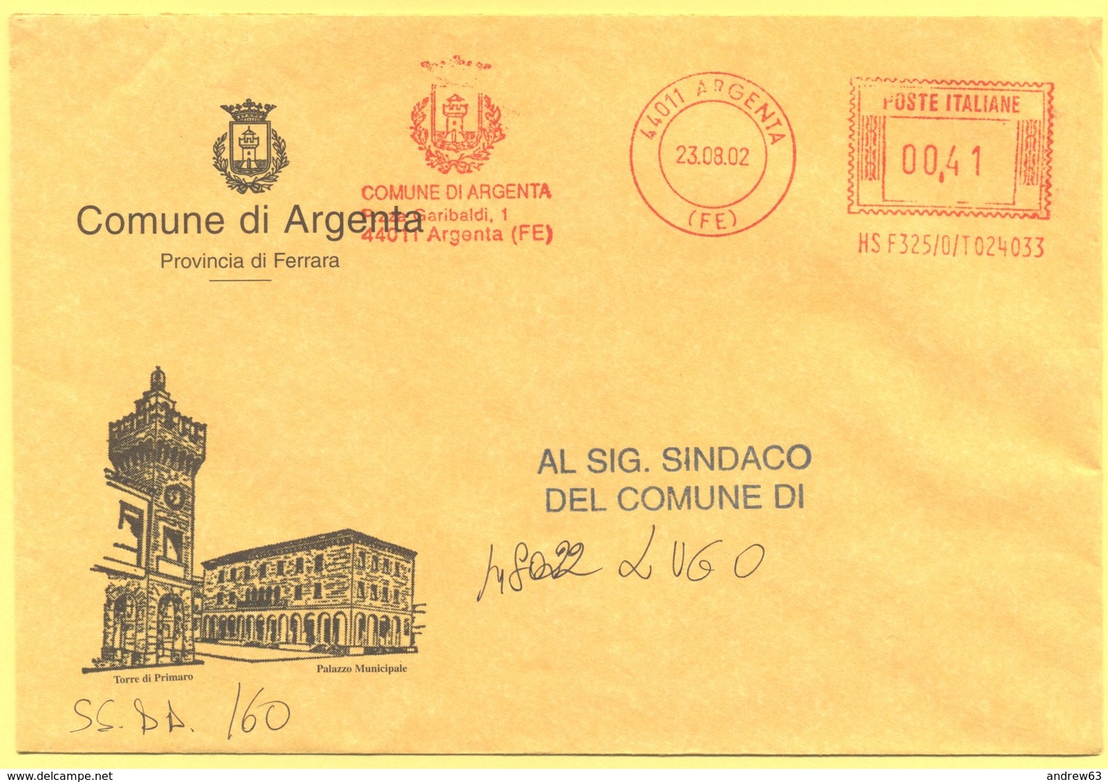 ITALIA - ITALY - ITALIE - 2002 - 00,41 EMA, Red Cancel - Comune Di Argenta - Viaggiata Da Argenta Per Lugo - Macchine Per Obliterare (EMA)