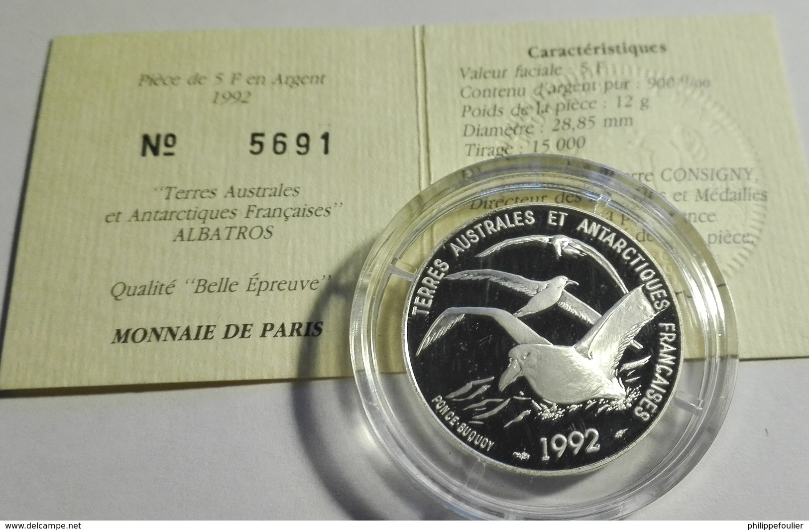 MONNAIE DE PARIS  1992 Terres Australes Antarctiques Françaises Albatros Épreuve 5 F.argent - Altri & Non Classificati