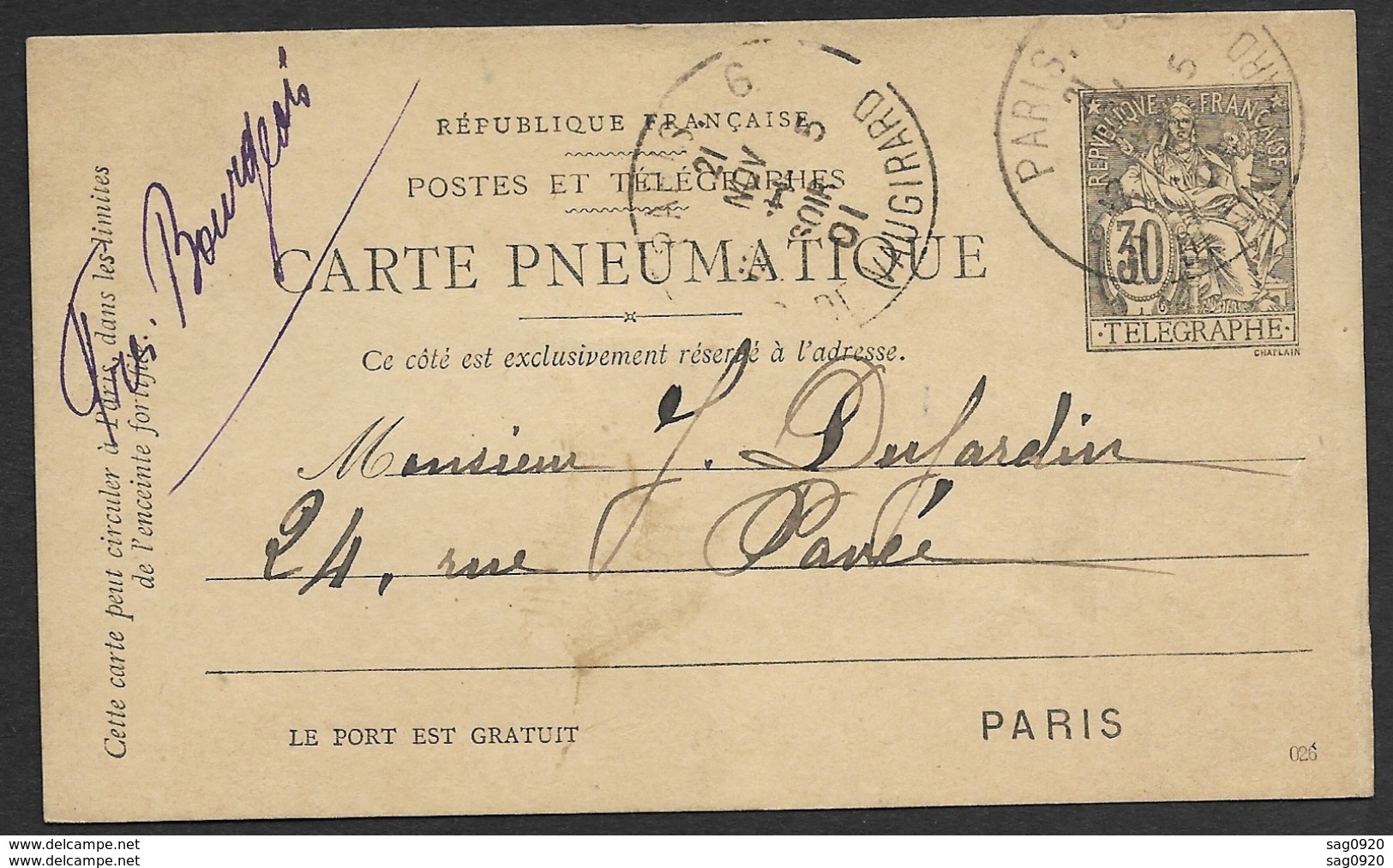 Carte Pneumatique-Cachet Paris 6 Vaugirard - 1877-1920: Semi Modern Period