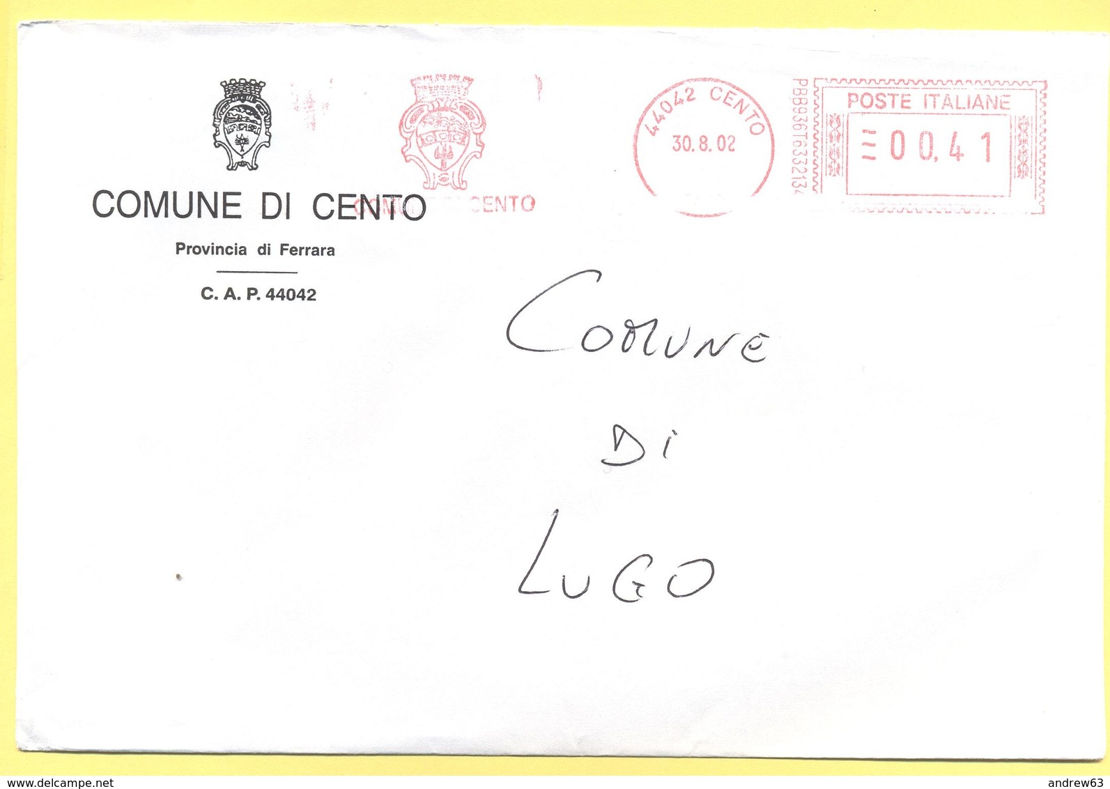 ITALIA - ITALY - ITALIE - 2002 - 00,41 EMA, Red Cancel - Comune Di Cento - Viaggiata Da Cento Per Lugo - Macchine Per Obliterare (EMA)