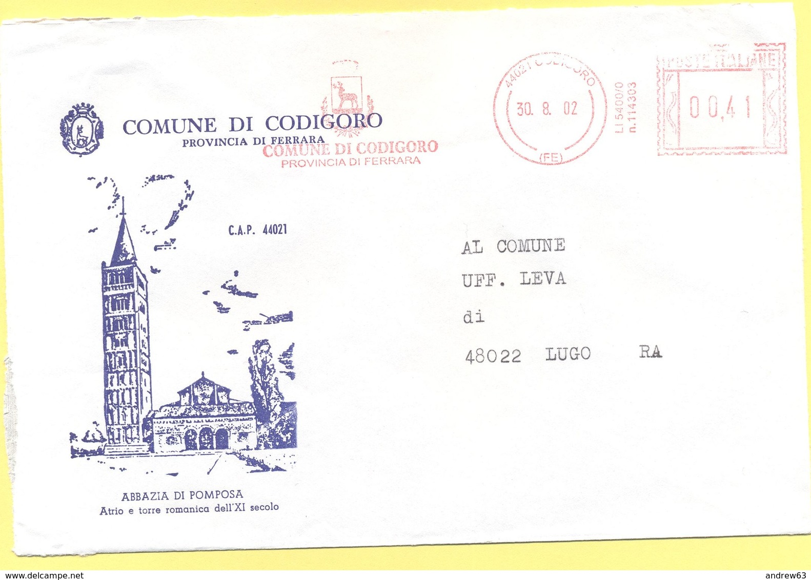 ITALIA - ITALY - ITALIE - 2002 - 00,41 EMA, Red Cancel - Comune Di Codigoro - Viaggiata Da Codigoro Per Lugo - Macchine Per Obliterare (EMA)