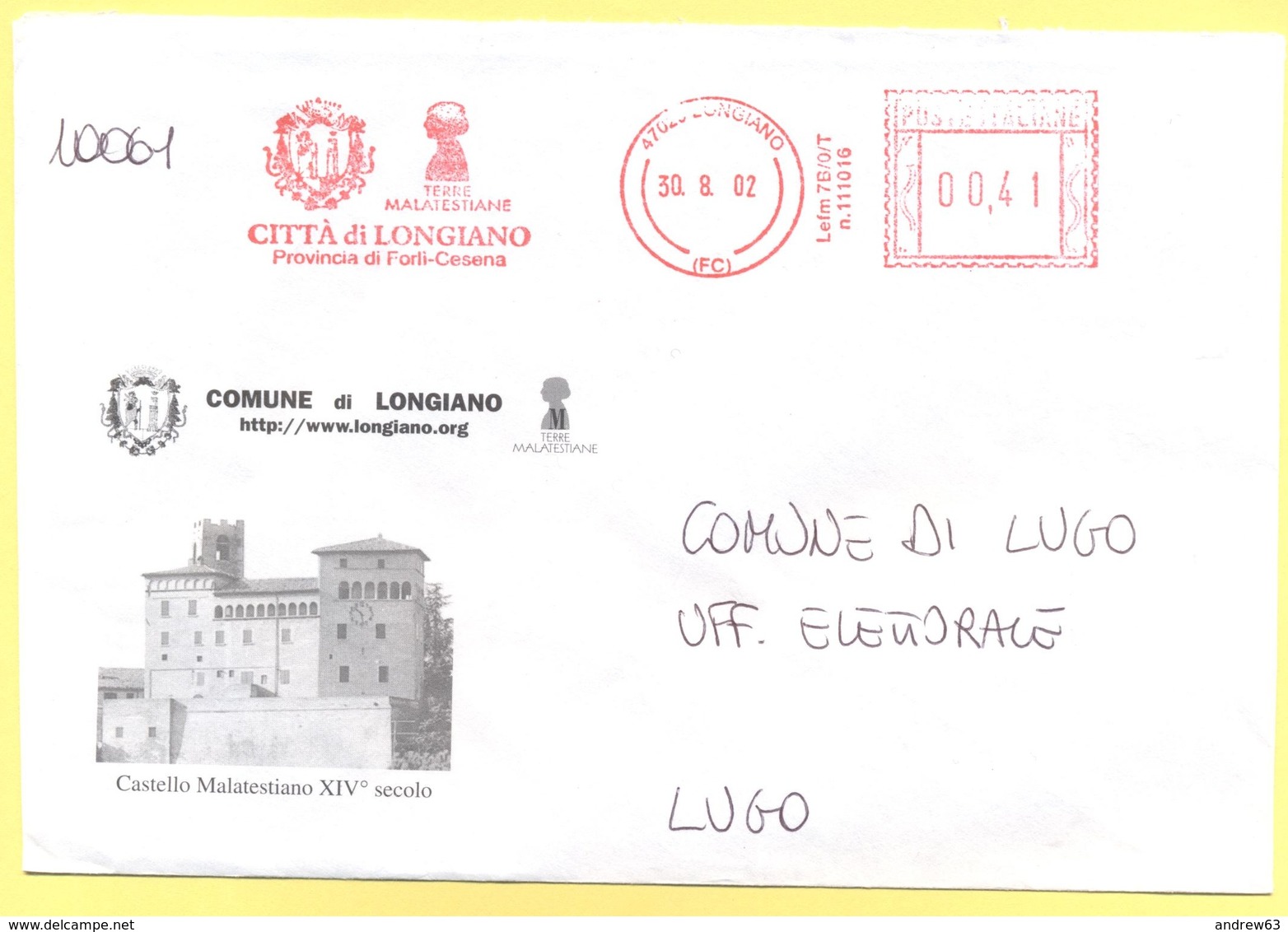 ITALIA - ITALY - ITALIE - 2002 - 00,41 EMA, Red Cancel - Comune Di Longiano - Viaggiata Da Longiano Per Lugo - Macchine Per Obliterare (EMA)