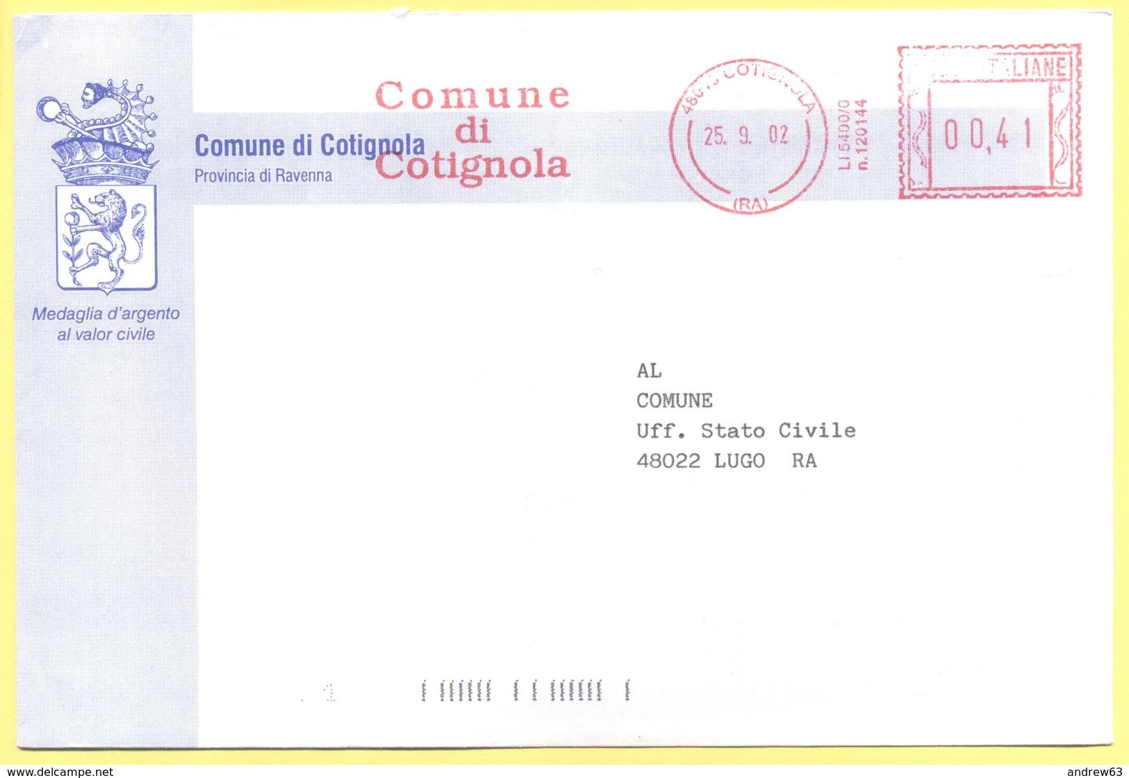 ITALIA - ITALY - ITALIE - 2002 - 00,41 EMA, Red Cancel - Comune Di Cotignola - Viaggiata Da Cotignola Per Lugo - Macchine Per Obliterare (EMA)