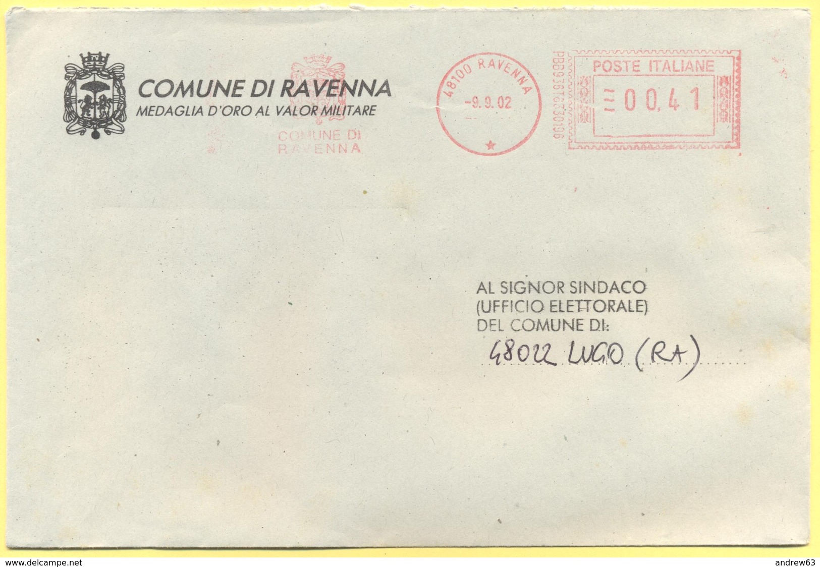 ITALIA - ITALY - ITALIE - 2002 - 00,41 EMA, Red Cancel - Comune Di Ravenna - Viaggiata Da Ravenna Per Lugo - Macchine Per Obliterare (EMA)