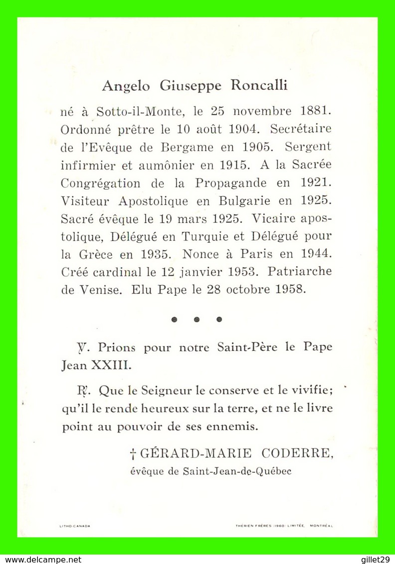 RELIGIONS - PAPE JEAN XXIII - ANGELO GIUSEPPE RONCALLI - MAISON DU SACRÉ COEUR, MONTRÉAL - - Papes
