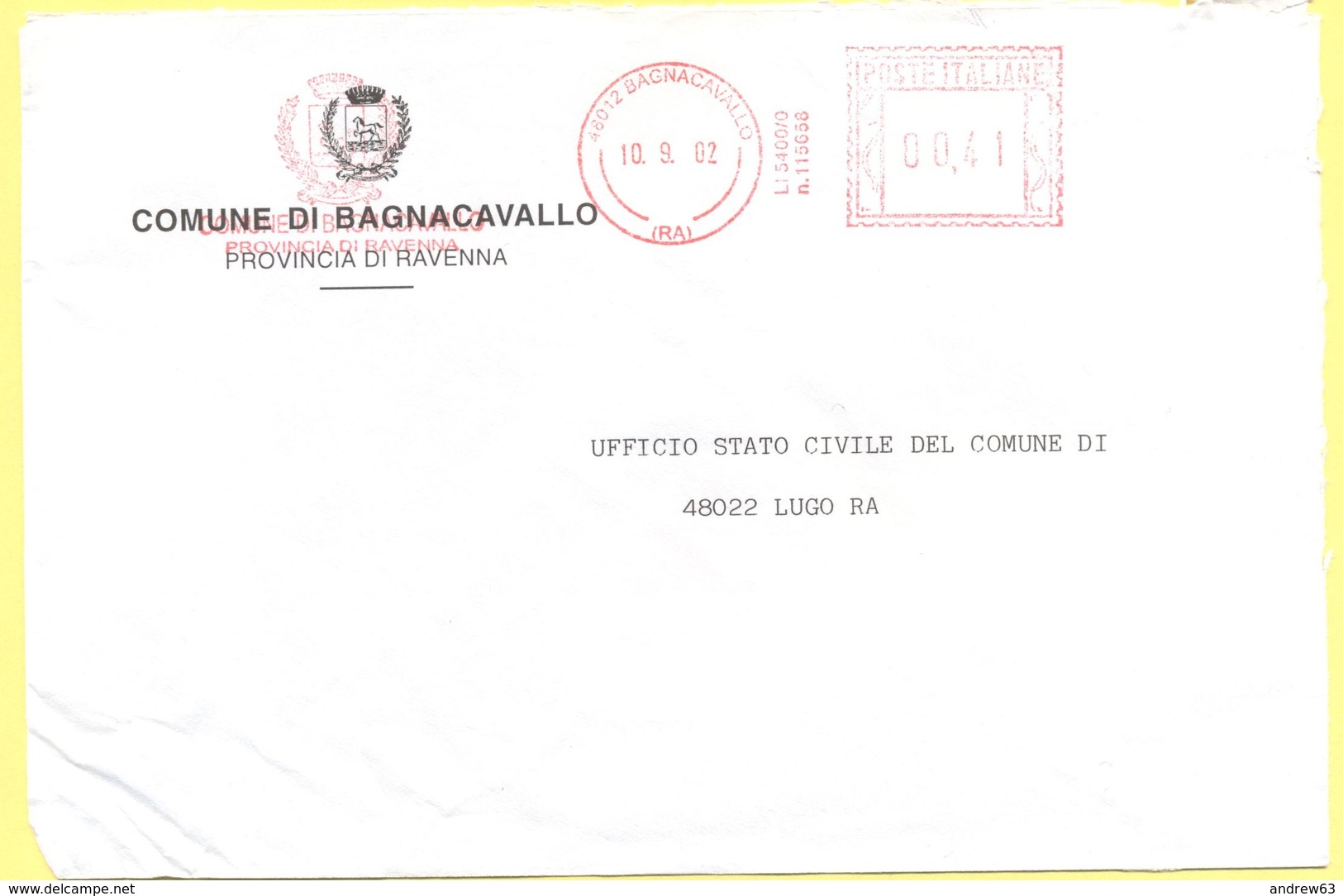 ITALIA - ITALY - ITALIE - 2002 - 00,41 EMA, Red Cancel - Comune Di Bagnacavallo - Viaggiata Da Bagnacavallo Per Lugo - Macchine Per Obliterare (EMA)