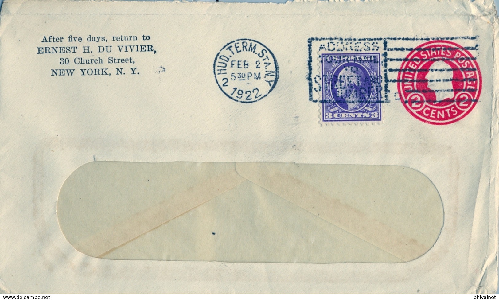 1922 ESTADOS UNIDOS , SOBRE ENTERO POSTAL CIRCULADO , NEW YORK  , FR. COMPLEMENTARIO - 1921-40