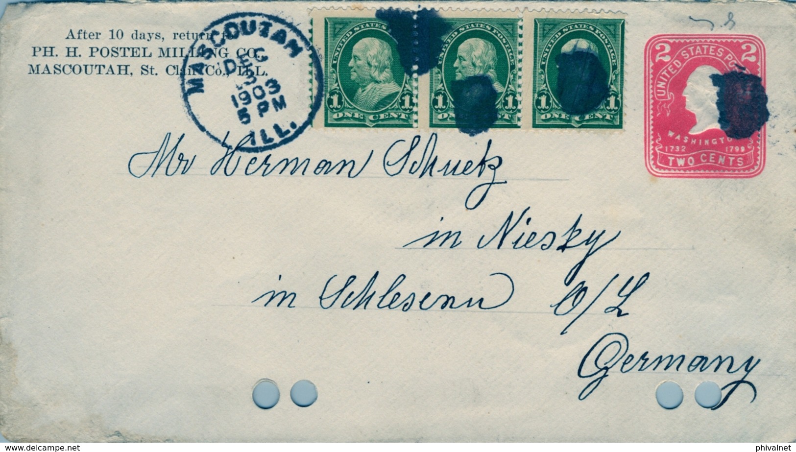 1903 ESTADOS UNIDOS , SOBRE ENTERO POSTAL CIRCULADO , MASCOUTAH - NIESKY , LLEGADA , FR. COMPLEMENTARIO - 1901-20