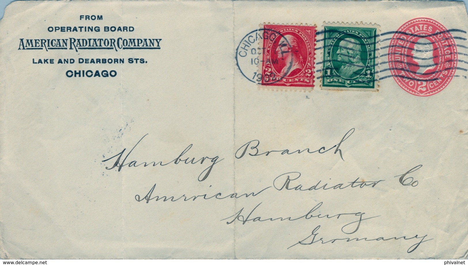 1902 ESTADOS UNIDOS , FRONTAL DE SOBRE ENTERO POSTAL CIRCULADO , CHICAGO - HAMBURGO - 1901-20