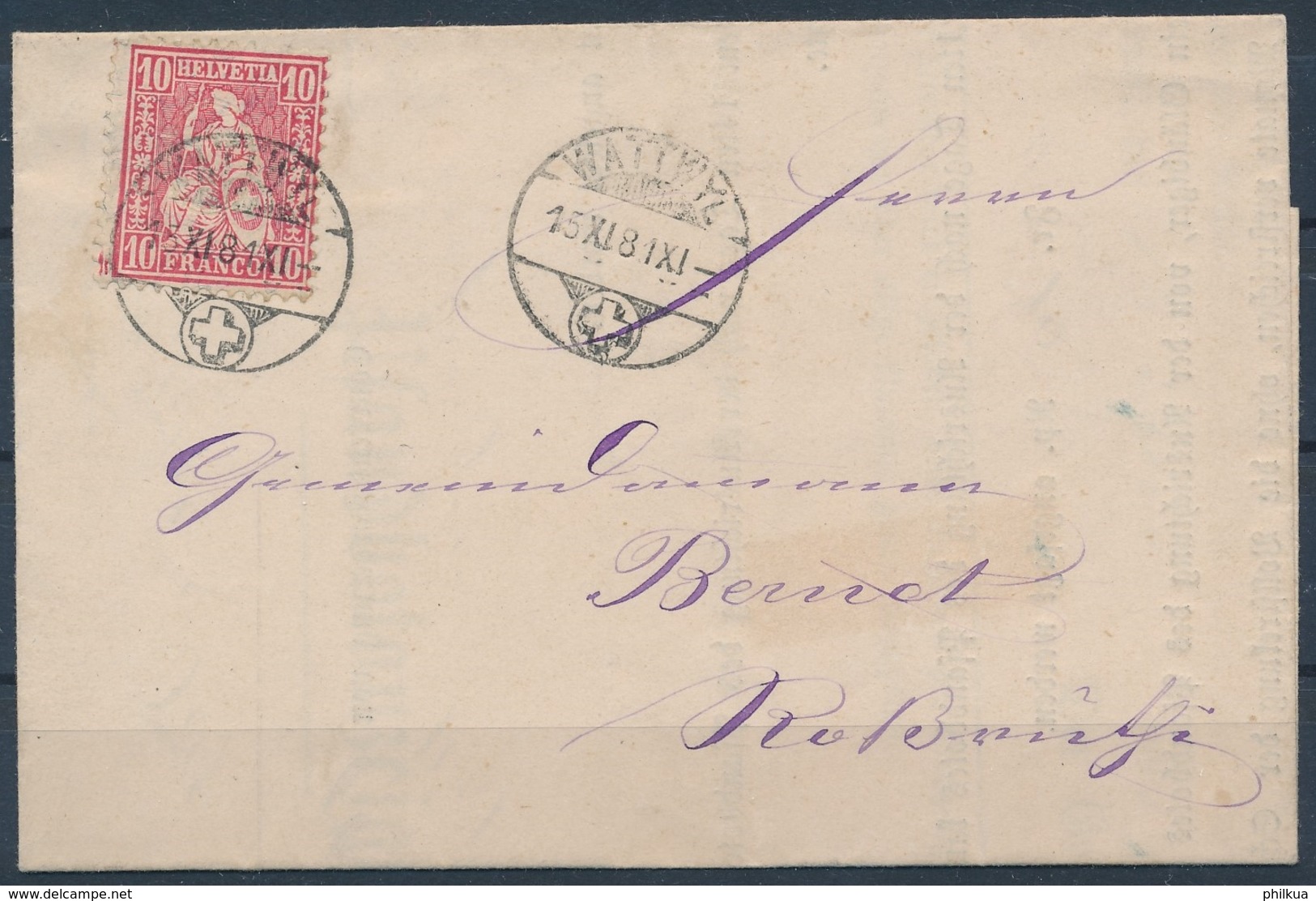 46 / 38 Sitzende Helvetia, Faserpapier, Gelaufen Ab WATTWYL (WATTWIL) Mit Stempel WYL ST. GALLEN - Brieven En Documenten