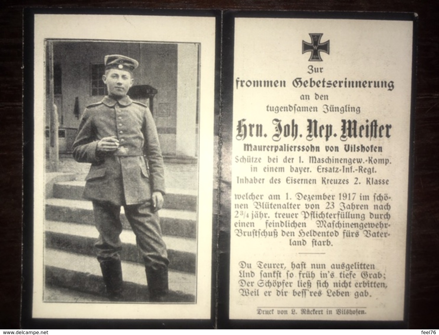 Sterbebild Wk1 Ww1 Bidprentje Avis Décès Deathcard Ersatz IR3 MGK 1. Dezember 1917 Aus Vilshofen - 1914-18