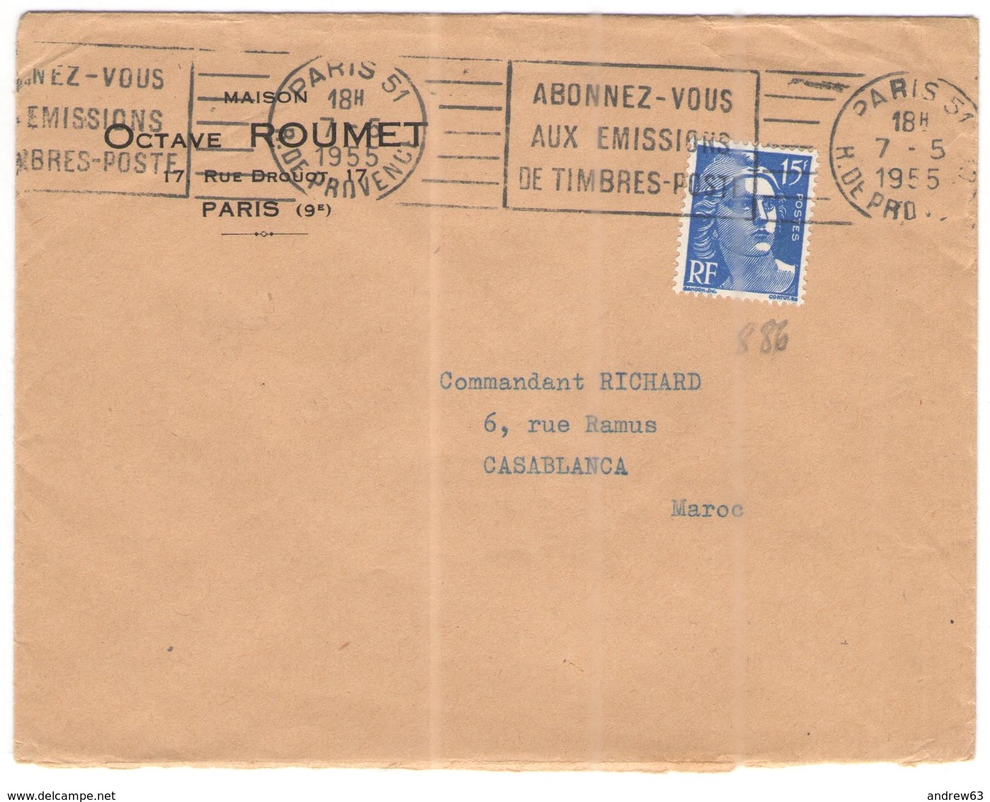 FRANCIA - France - 1955 - 15F Marianne De Gandon + Flamme Abonnez-vous Aux émissions De Timbres-poste - Octave Roumet - - 1945-54 Marianna Di Gandon