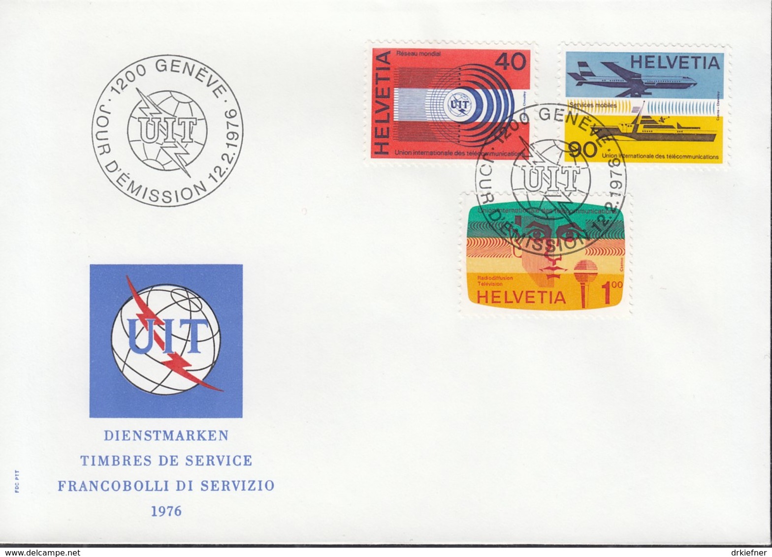 SCHWEIZ Dienst  UIT/ITU  11-13, FDC, Tätigkeitsbereiche Der Internationalen Fernmeldeunion, 1976 - Dienstmarken