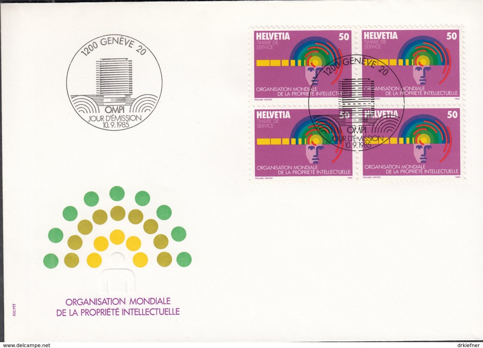 SCHWEIZ Dienst  OMPI/WIPO  5, 4erBlock, FDC, Tätigkeitsbereiche Der Weltorganisation Für Geistiges Eigentum, 1985 - Dienstmarken
