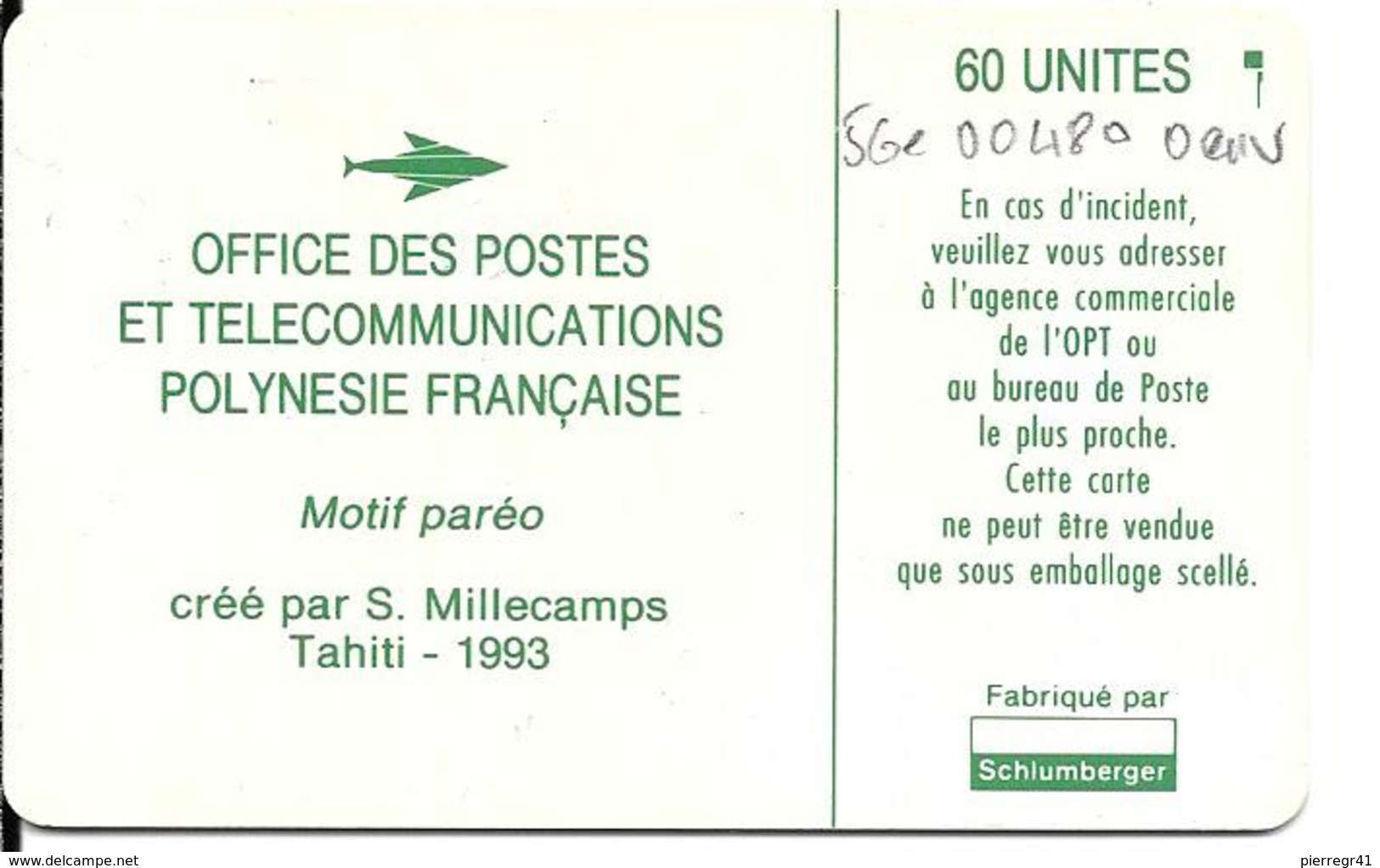 CARTE°-PUCE-POLYNESIE-PF18-60U-SC5-S/Entourage-PAREO VERT Mat-5 Ge 00480-0 Envers Apres 8-TBE- - Polynésie Française