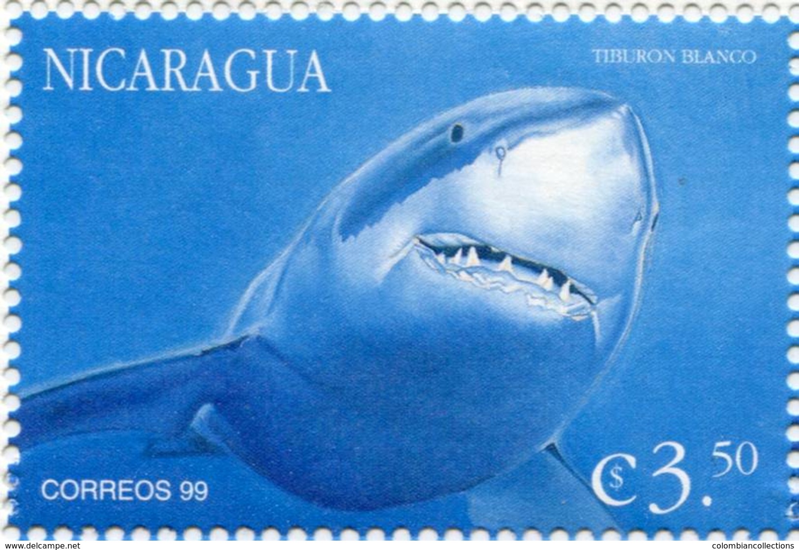 Lote 382d1, Nicaragua, 1999, Sello, Stamp, Vida Marina. Marine Life. Tiburon Blanco, White Shark - Nicaragua