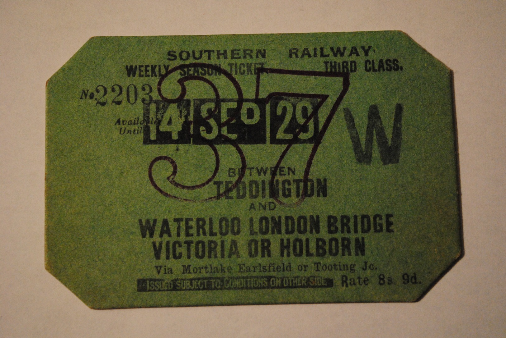 Ticket Billet 14 Septembre 1929 Southern Railway Between Teddington Waterloo London Bridge - Europe