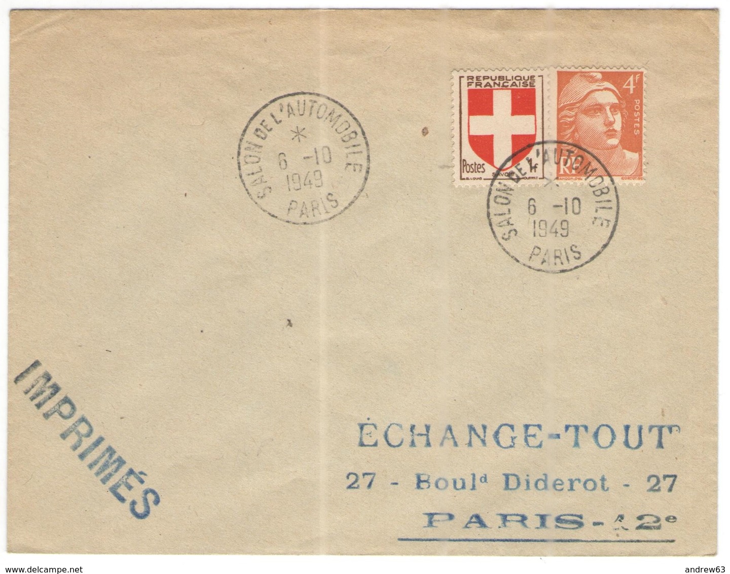 FRANCIA - France - 1949 - 1F Savoie + 4F Marianne De Gandon + Special Cancel Salon De L'Automobile - Imprimés - Viaggiat - Storia Postale