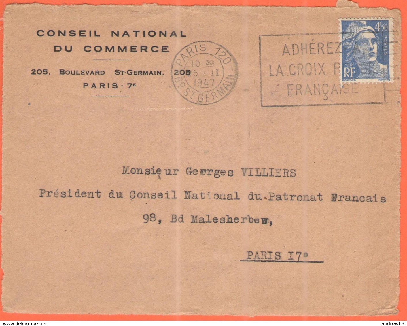 FRANCIA - France - 1947 - 4,50F Marianne De Gandon + Flamme Adhérez à La Croix Rouge Française - Conseil National Du Com - Storia Postale