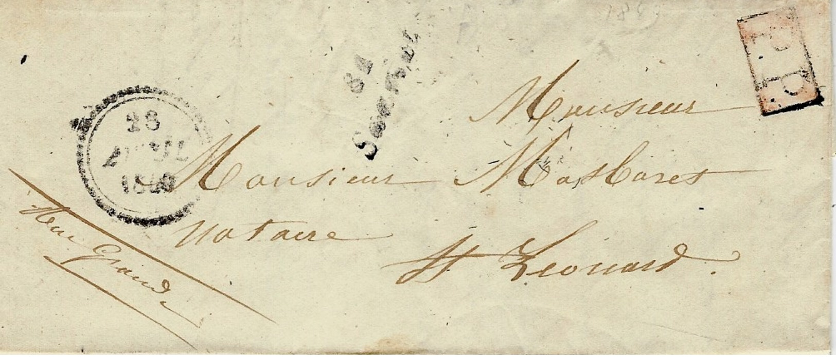 1849- Lettre Avec Cursive 81 / Sauviat  ( Hte Vienne)  + P.P.  Cad B Pour St Léonard - 1849-1876: Classic Period