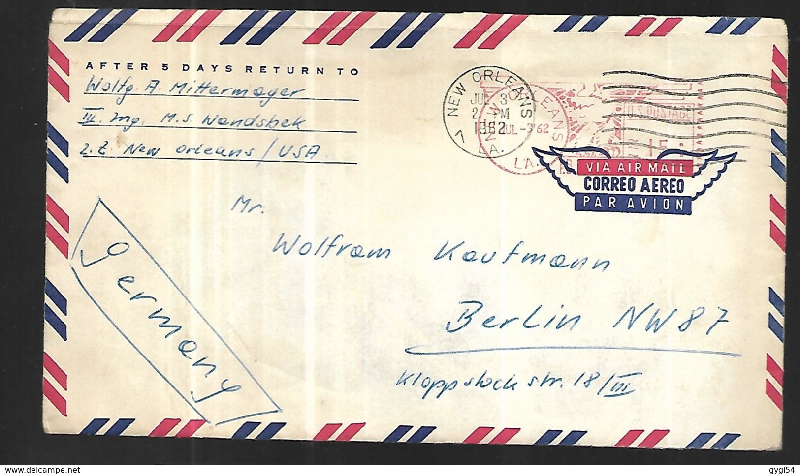 USA  Lettre Par Avion De New Orleans Vers Berlin Le 03 Juillet 1962 - Marcophilie