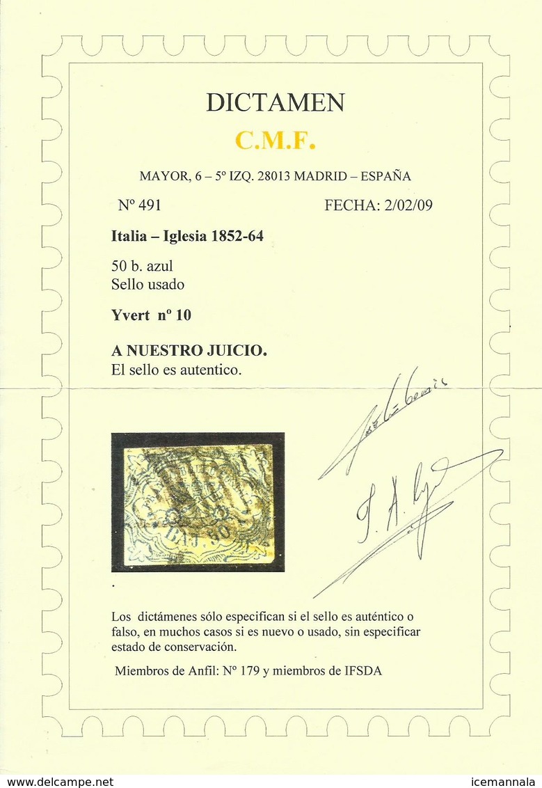 ESTADOS PONTIFICIOS YVERT  10  (CERTIFICADO C.M.F.) - Kirchenstaaten