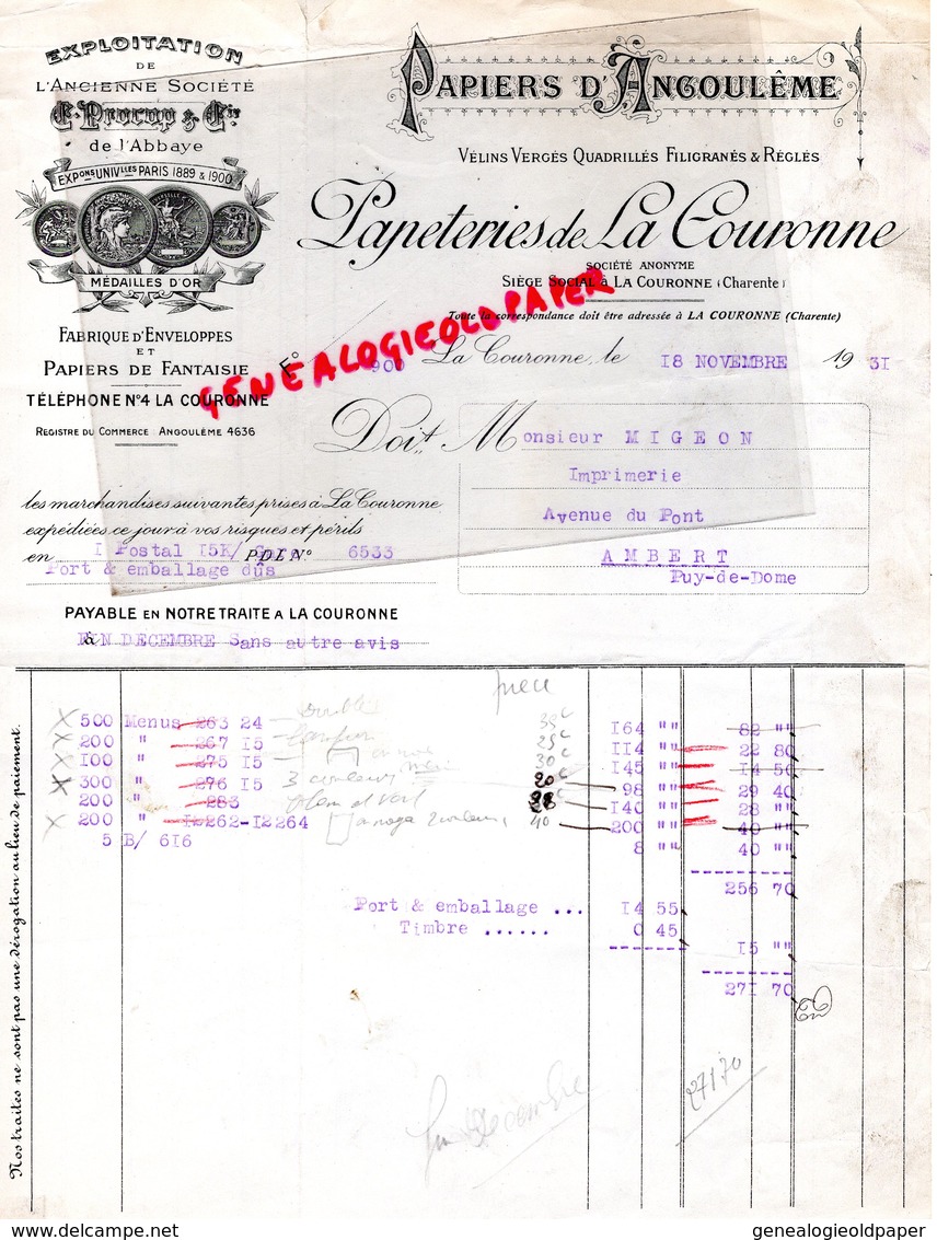 16- LA COURONNE- FACTURE PAPETERIES DE LA COURONNE- PAPIERS D' ANGOULEME- PAPETERIE-PROCOP DE L' ABBAYE-1931 PAPETERIE - Printing & Stationeries