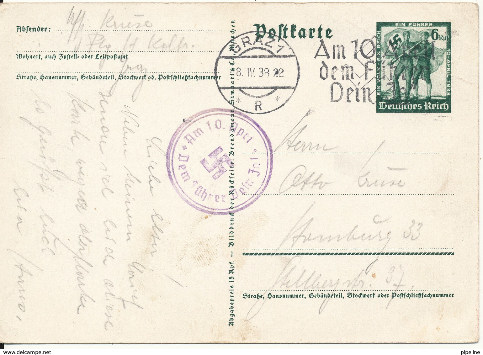Germany Reich Postkarte Postal Stationery Graz 18-4-1939 (13-3-1938 Ein Volk Ein Reich Ein Führer) - Covers & Documents