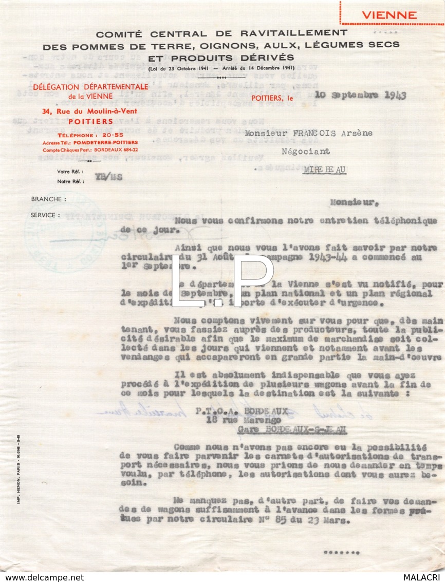 4-0417    Facture  1943  COMITE CENTRAL RAVITAILLEMENT A POITIERS - M.FRANCOIS A MIREBEAU - 1900 – 1949