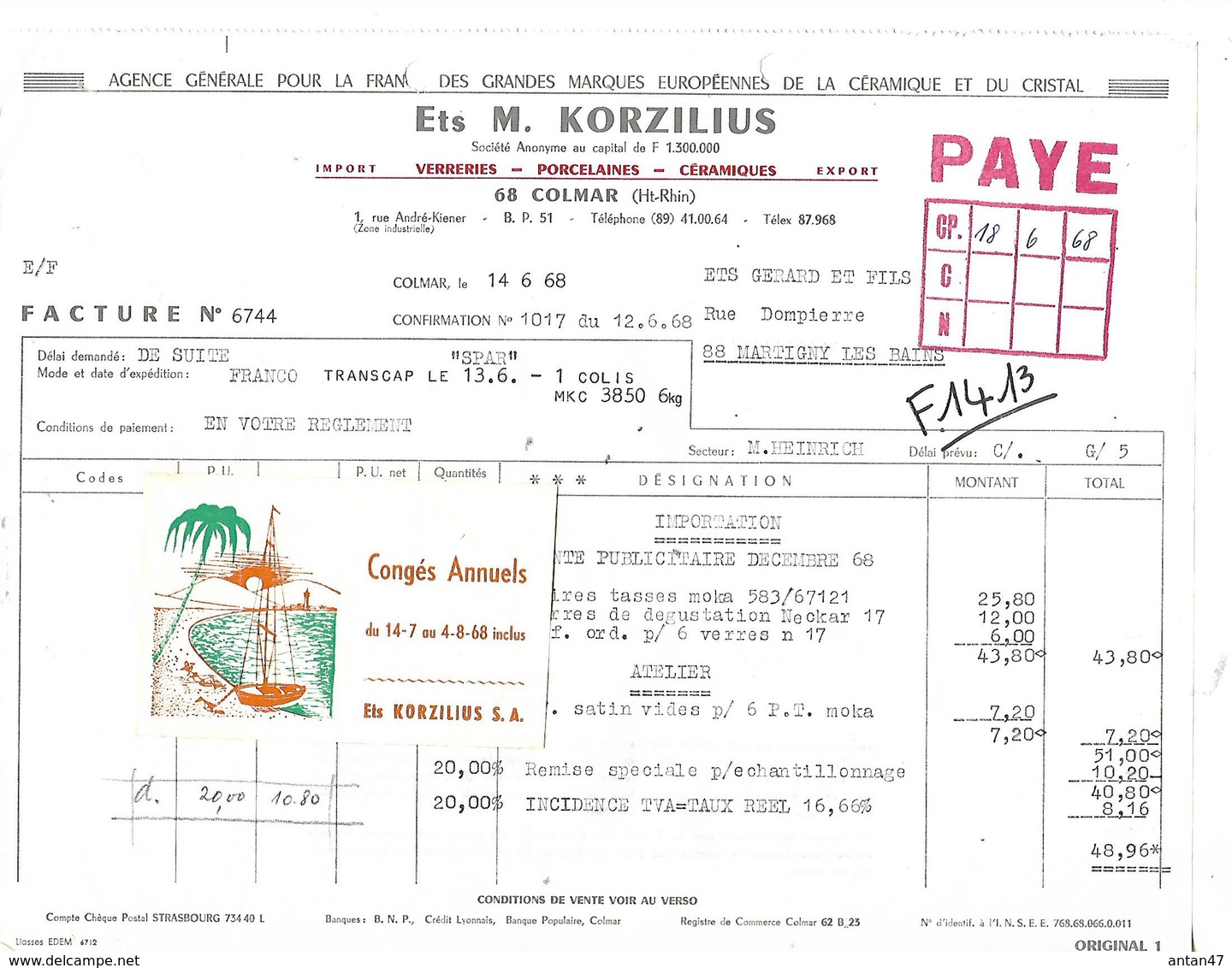 Facture Avec Vignette  Congés 1968 / 68 MULHOUSE / KORZILUIS / Céramique Et Cristal - Vignetten (Erinnophilie)