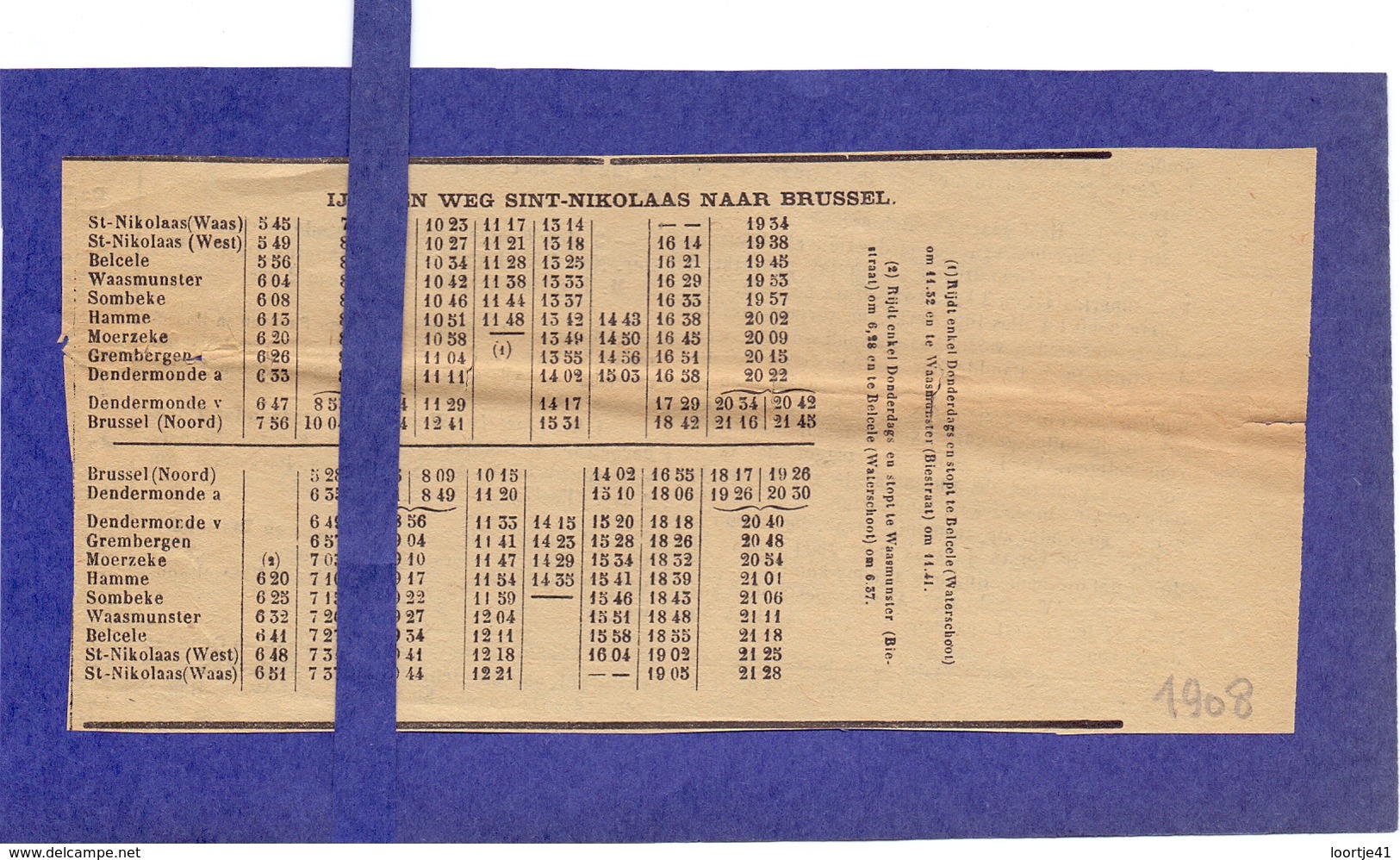 Dienstregeling Trein - Ijzeren Weg Sint Niklaas - Brussel 1908 - Europa